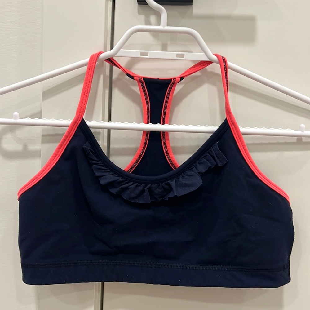 Lululemon Sports Bra, Navy Ruffles with bright color piping, Size 8